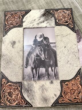 Myra picture frame. Decorative White Cowhide Photo Frame with Tooled Leather.